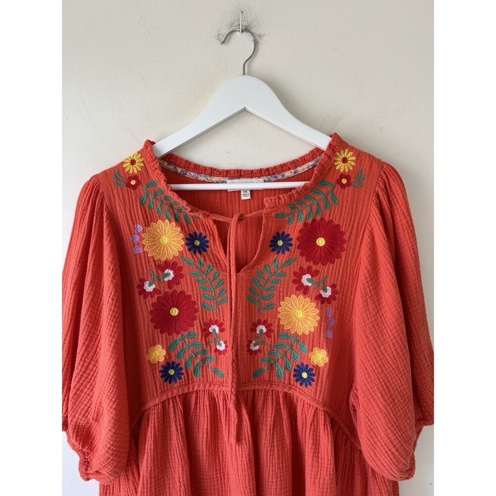 Umgee Cotton Gauze Floral Embroidery Baby Doll Top Size 2XL Orange Comfy Spring - Picture 3 of 9